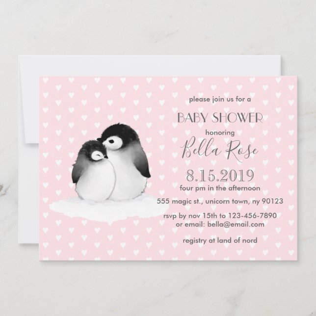 Invitación de Baby Shower a los Pingüinos Gris Ros (Anverso)