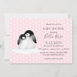Invitación de Baby Shower a los Pingüinos Gris Ros