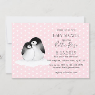 Invitación de Baby Shower a los Pingüinos Gris Ros