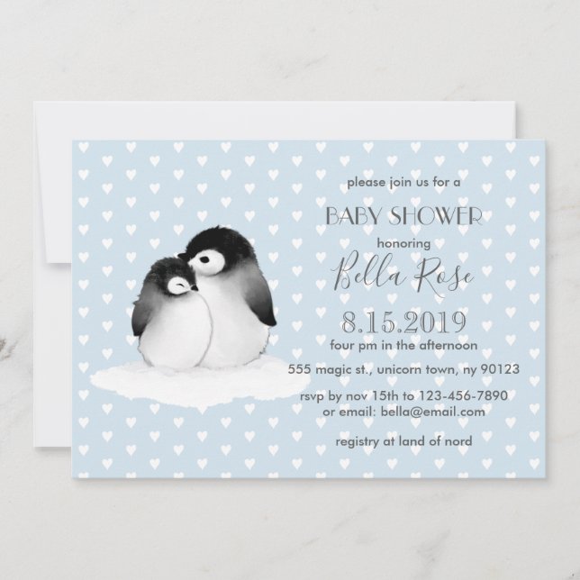 Invitación de Baby Shower a los pingüinos grises a (Anverso)