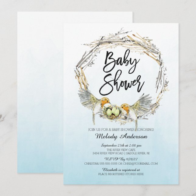 Invitación de Baby Shower a los trillizos de nido  (Anverso / Reverso)