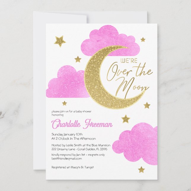 Invitación de Baby Shower a Luna y Estrellas Rosad (Anverso)
