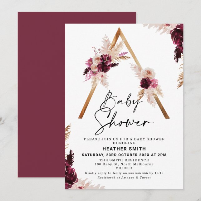 Invitación de Baby Shower a Maroon Boho Pampas (Anverso / Reverso)