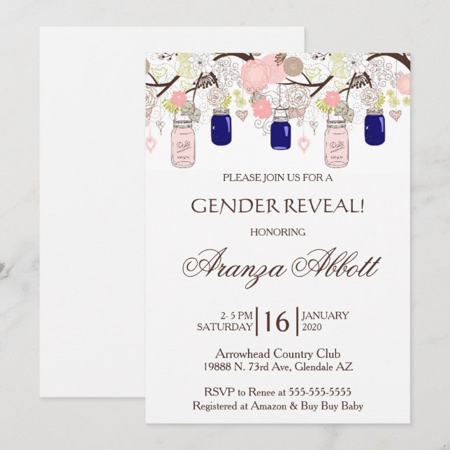 Invitación de Baby Shower a Mason Jars para revela (Anverso / Reverso)