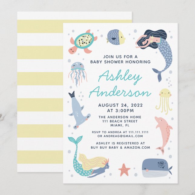 Invitación de Baby Shower a Mermaid Sea Animals (Anverso / Reverso)