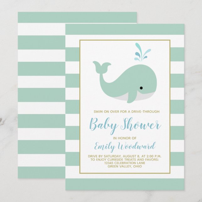 Invitación de Baby Shower a Mint Green Whale Drive (Anverso / Reverso)