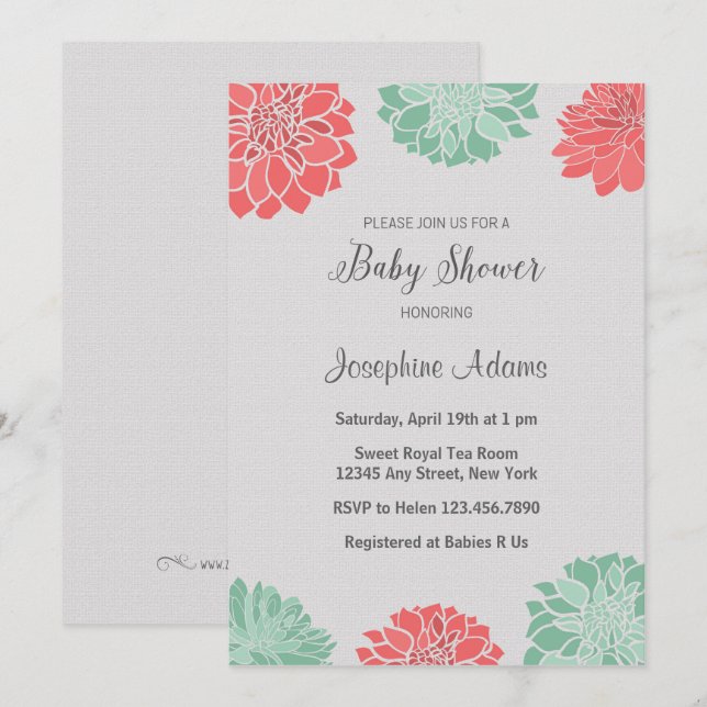 Invitación de Baby Shower a Mint y Coral Dahlia (Anverso / Reverso)