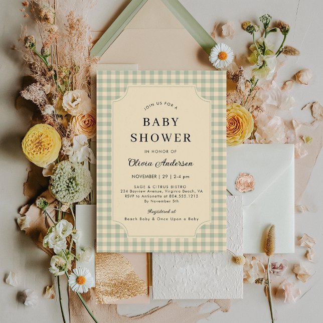 Invitación de Baby Shower a Modern Sage Green Ging (Modern Sage Green Baby Shower Invitation )