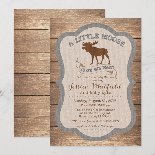 Invitación de Baby Shower a Moose Rustic Wood (Anverso / Reverso)