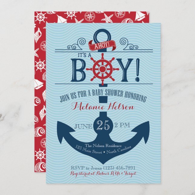Invitación de Baby Shower a Nautical Anchor Beach (Anverso / Reverso)