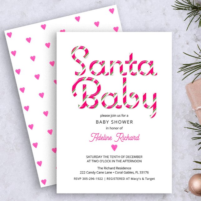 Invitación de Baby Shower a Navidades rosados de S (Pink candy cane Santa baby Christmas baby shower)