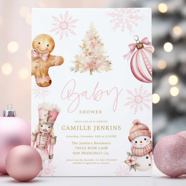 Invitación de Baby Shower a Navidades rosados para (Pink Christmas Baby Shower Invitation)