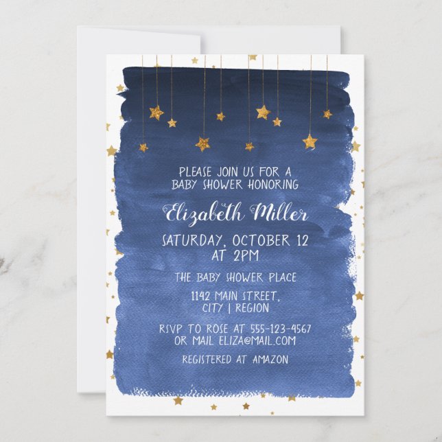 Invitación de Baby Shower a Navy Blue Sky y Golden (Anverso)
