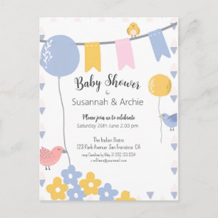 Invitación de Baby Shower a Pájaros Pastel y Globo