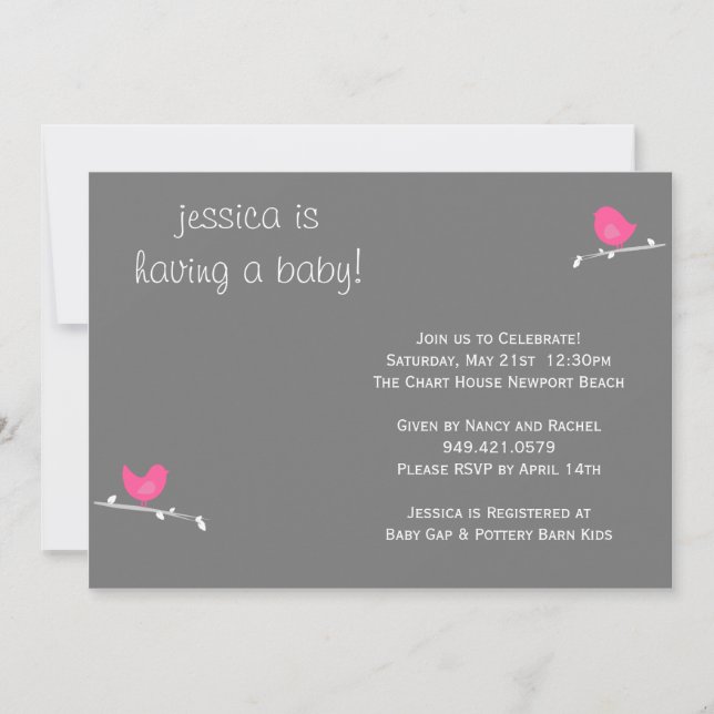 Invitación de Baby Shower a Pájaros Rosa (Anverso)
