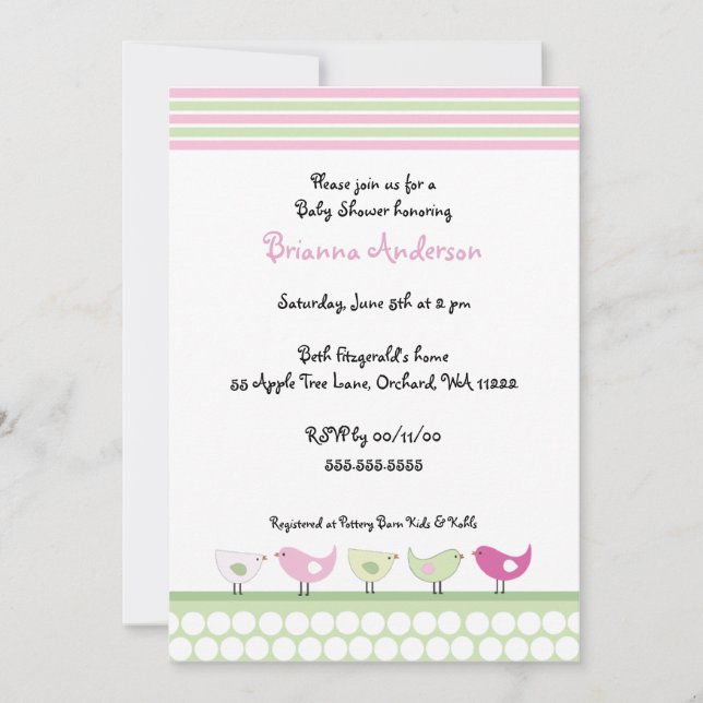 Invitación de Baby Shower a Pájaros rosas y verdes (Anverso)