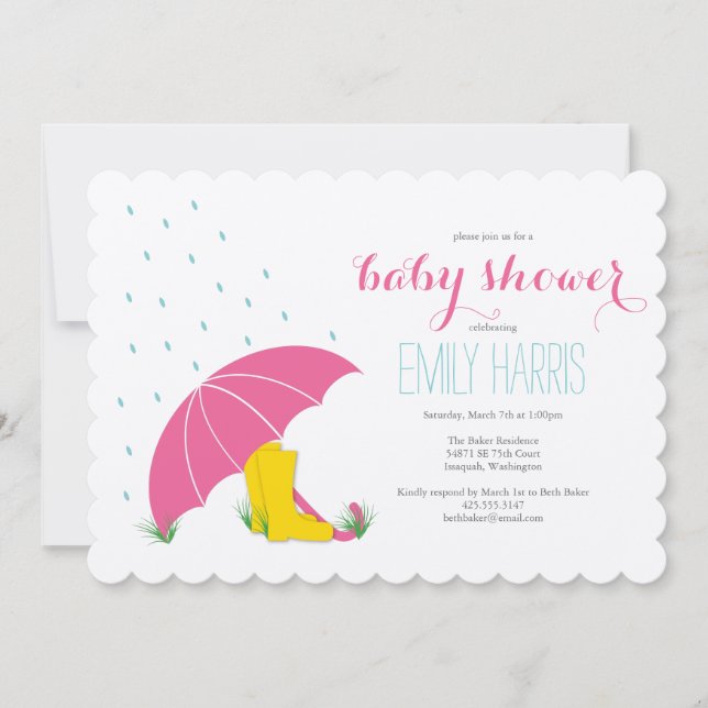 Invitación de Baby Shower a Paraguas y Boots (Anverso)