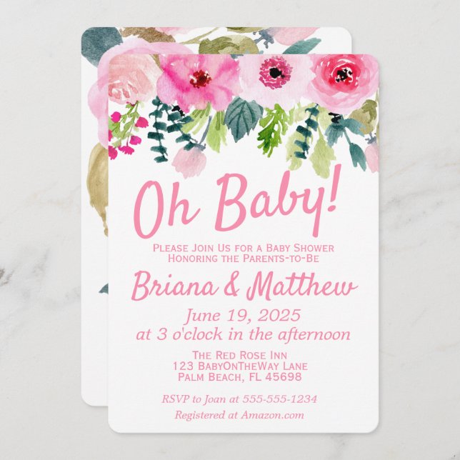Invitación de Baby Shower a Pareja Floral Rosa (Anverso / Reverso)