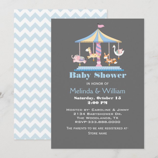 Invitación de Baby Shower a Pastel Animal Carousel (Anverso / Reverso)
