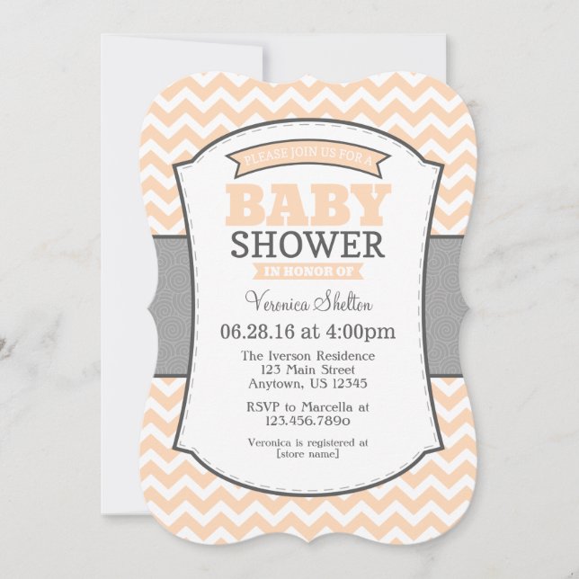Invitación de Baby Shower a Peach Gray Chevron (Anverso)