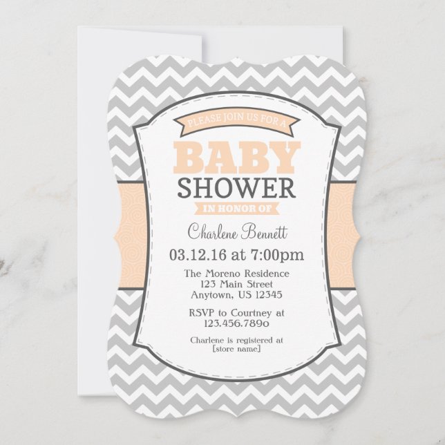 Invitación de Baby Shower a Peach Gray Chevron (Anverso)