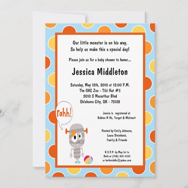 Invitación de Baby Shower a pequeños monstruos las (Anverso)