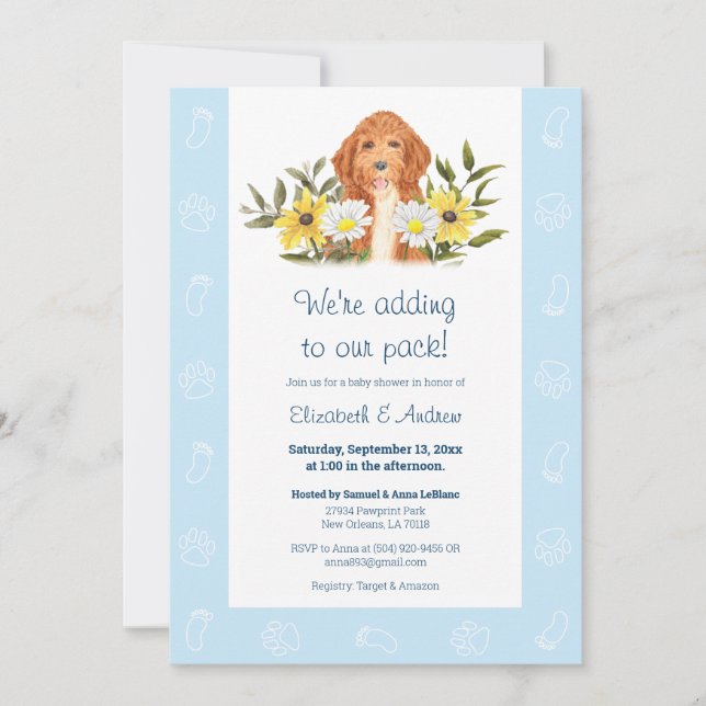 Invitación de Baby Shower a Perro dorado azul (Anverso)
