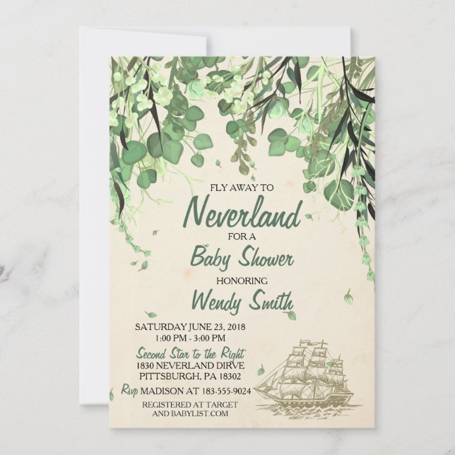 Invitación de Baby Shower a Peter Pan Neverland (Anverso)