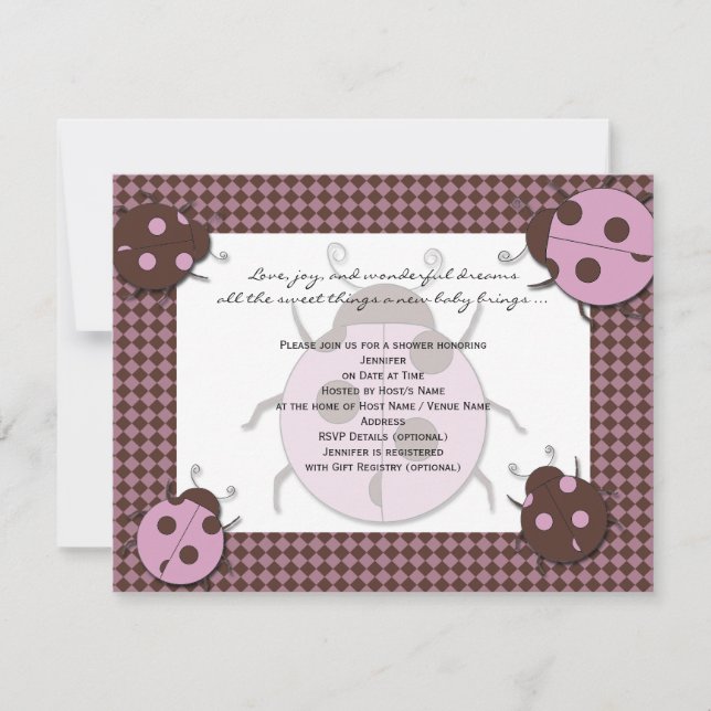 Invitación de Baby Shower a Pink and Brown Ladybug (Anverso)