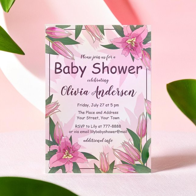 Invitación de Baby Shower a Pink Blooming Lilies (Pink Blooming Lilies Baby Shower Invitation)