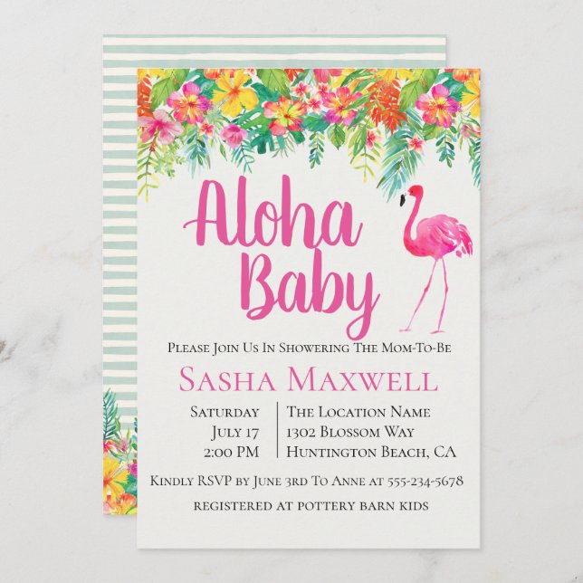 Invitación de Baby Shower a Pink Flamingo Luau (Anverso / Reverso)