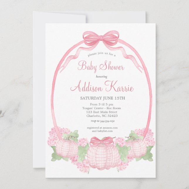 Invitación de Baby Shower a Pink Gingham Pumpkin (Anverso)