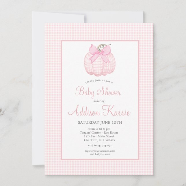 Invitación de Baby Shower a Pink Gingham Pumpkin (Anverso)