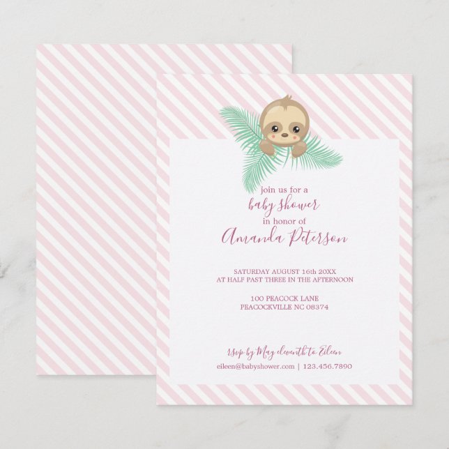 Invitación de Baby Shower a Pink Happy Baby Sloth (Anverso / Reverso)