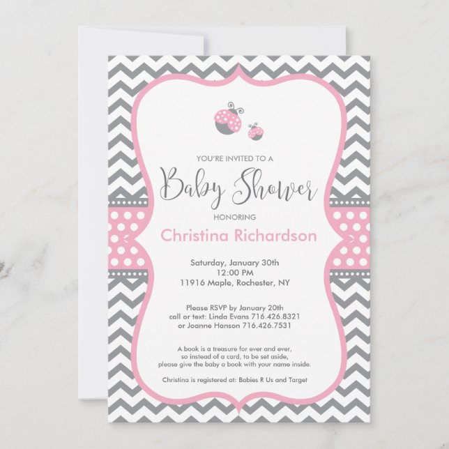 Invitación de Baby Shower a Pink Ladybug (Anverso)