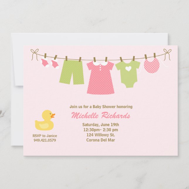 Invitación de Baby Shower a Pink Laundry (Anverso)