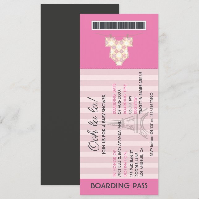 Invitación de Baby Shower a Pink Paris Boarding Pa (Anverso / Reverso)