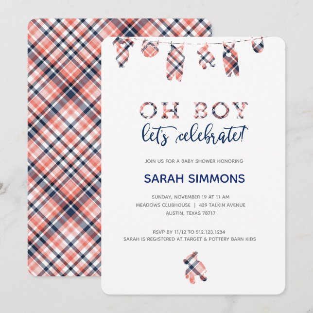 Invitación de Baby Shower a Plaid Boy Clothesline (Anverso / Reverso)