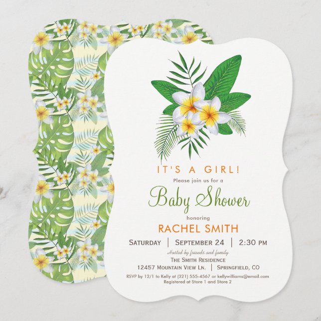 Invitación de Baby Shower a Plumeria Tropical (Anverso / Reverso)