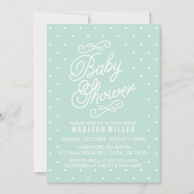 Invitación de Baby Shower a puntos de polka verde  (Anverso)
