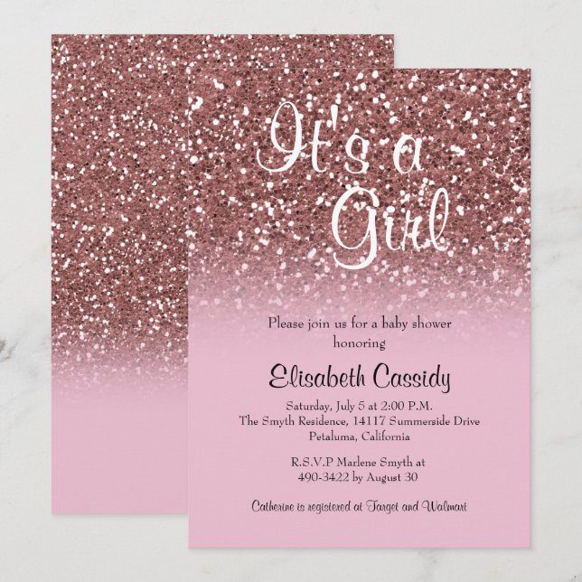Invitación de Baby Shower a Purpurina de oro rosa  (Anverso / Reverso)