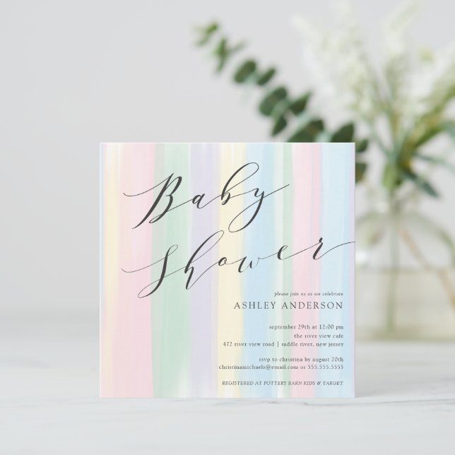 Invitación de Baby Shower a rayas arcoiris pastele (Anverso de pie)