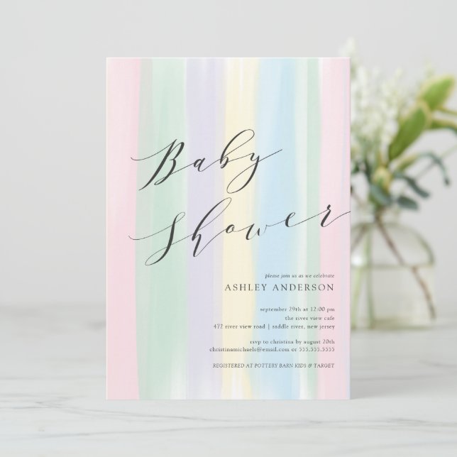 Invitación de Baby Shower a rayas arcoiris pastele (Anverso de pie)
