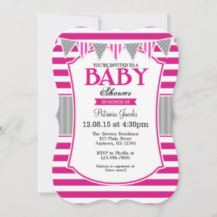 Invitación de Baby Shower a rayas grises rosadas c