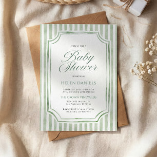 Invitación de baby shower a rayas verde salvia
