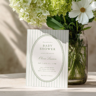 Invitación de baby shower a rayas verde salvia ele