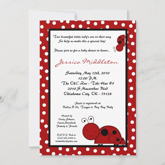 Invitación de Baby Shower a Red Lady Bug de TWIN l (Anverso)