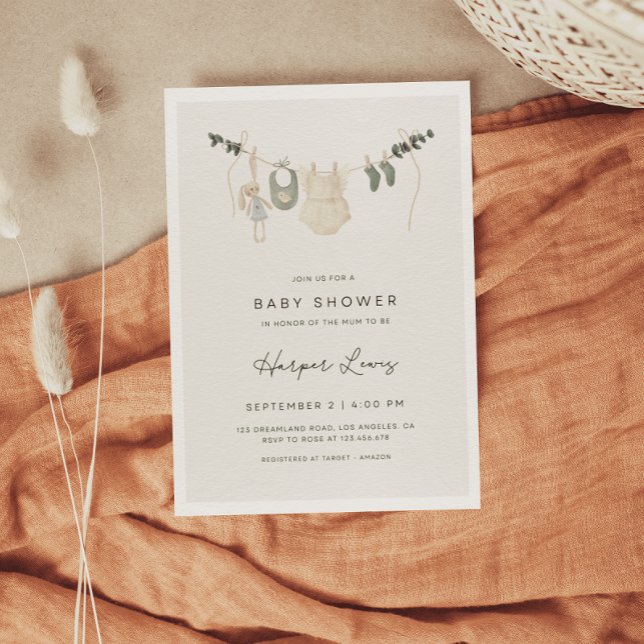 Invitación de Baby Shower a ropa neutra de género (Subido por el creador)