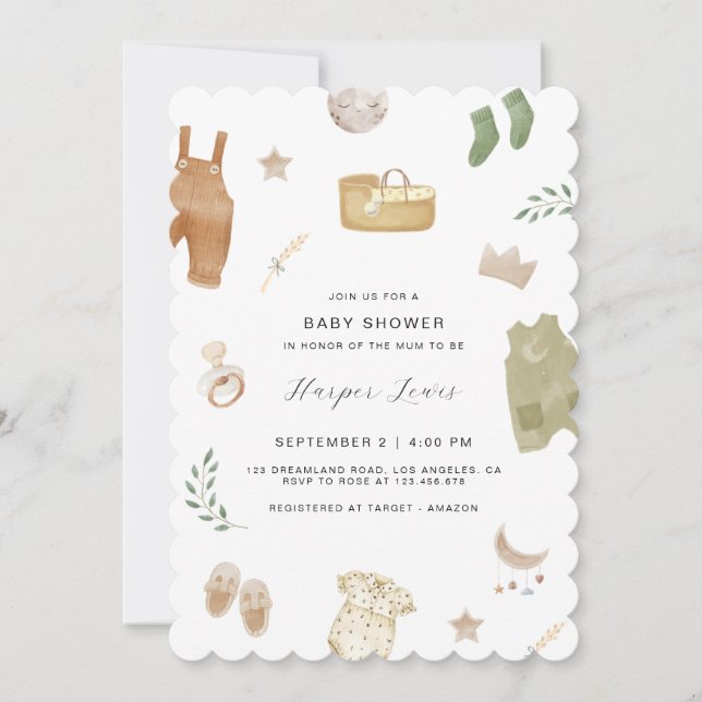 Invitación de Baby Shower a ropa neutra de género (Anverso)