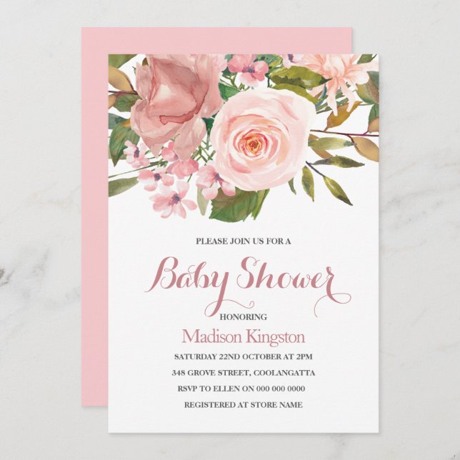 Invitación de Baby Shower a Rosa Gold y Rubor Flow (Anverso / Reverso)